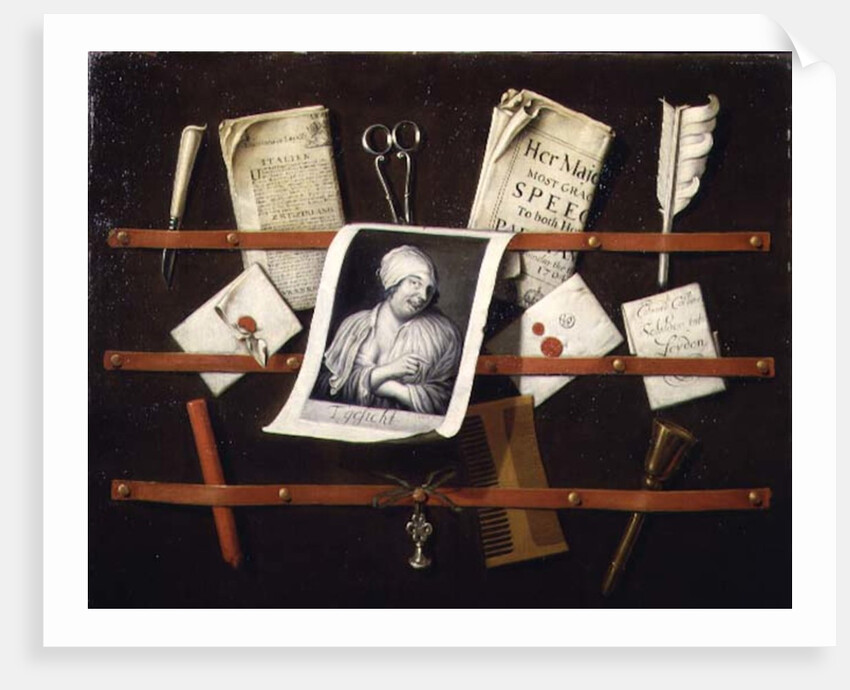 Trompe l'oeil letter rack with a print of a woman and a Parliamentary speech of 1704 by Edwaert Colyer or Collier
