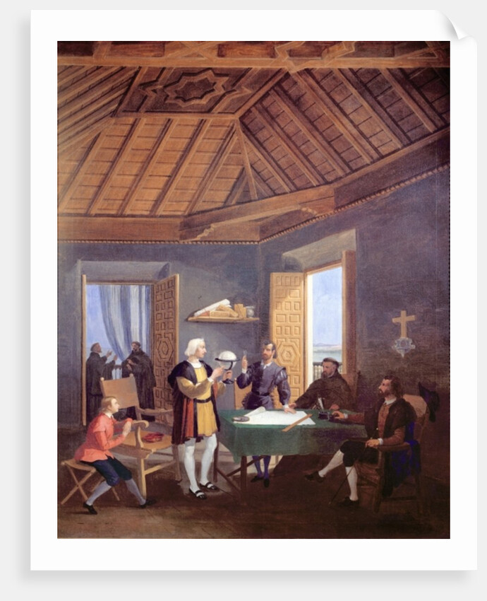 Christopher Columbus, accompanied by his son, Diego, explains his exploration plans to the prior of the Franciscan monastery of Santa Maria de la Rabida, the physician Garcia Fernandes and Alonso Pinzon by Juan Cabral Bejarano