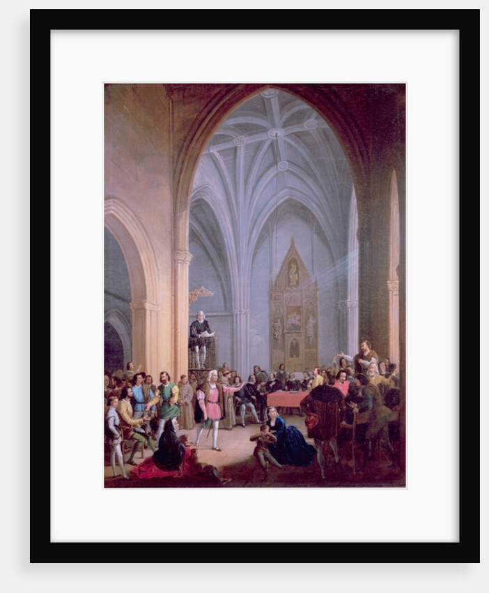 The letter of the Catholic Kings ordering the inhabitants of Palos to supply two ships for Christopher Columbus is read from the pulpit of the Church of S. Jorge on May 23, 1492 by Antonio Cabral Bejarano