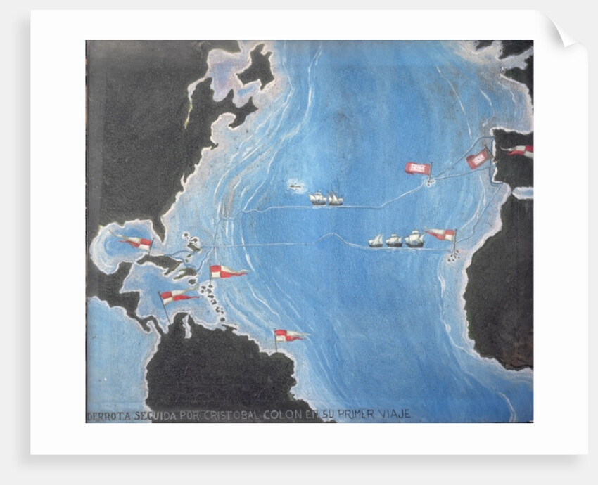 Map showing the route of Christopher Columbus on his first voyage to the New World by Spanish School