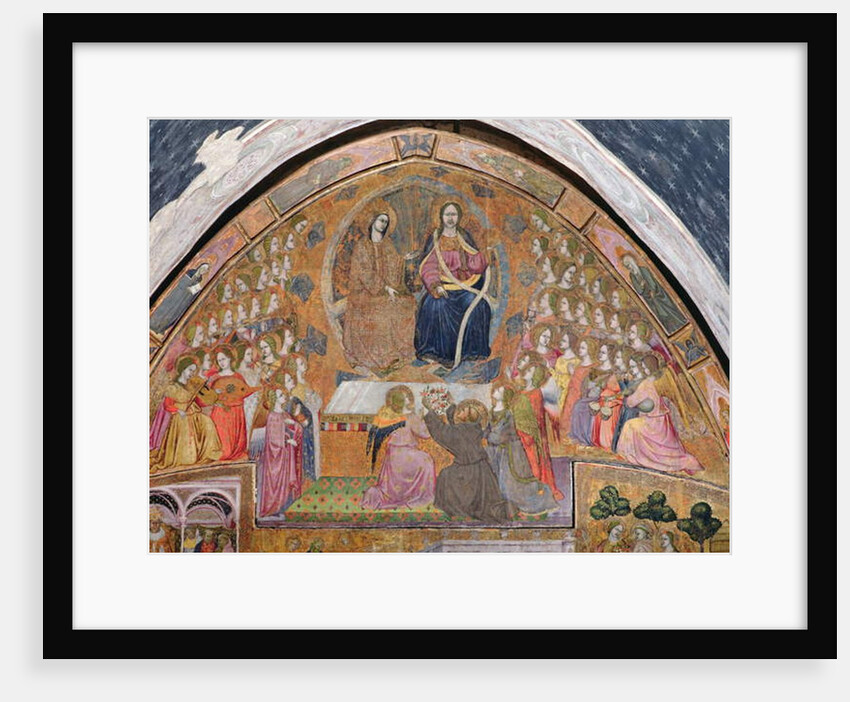 St. Francis offering Roses to the Apparition of Christ and the Virgin, fresco from the Porziuncola, 1393 by Ilario da Viterbo