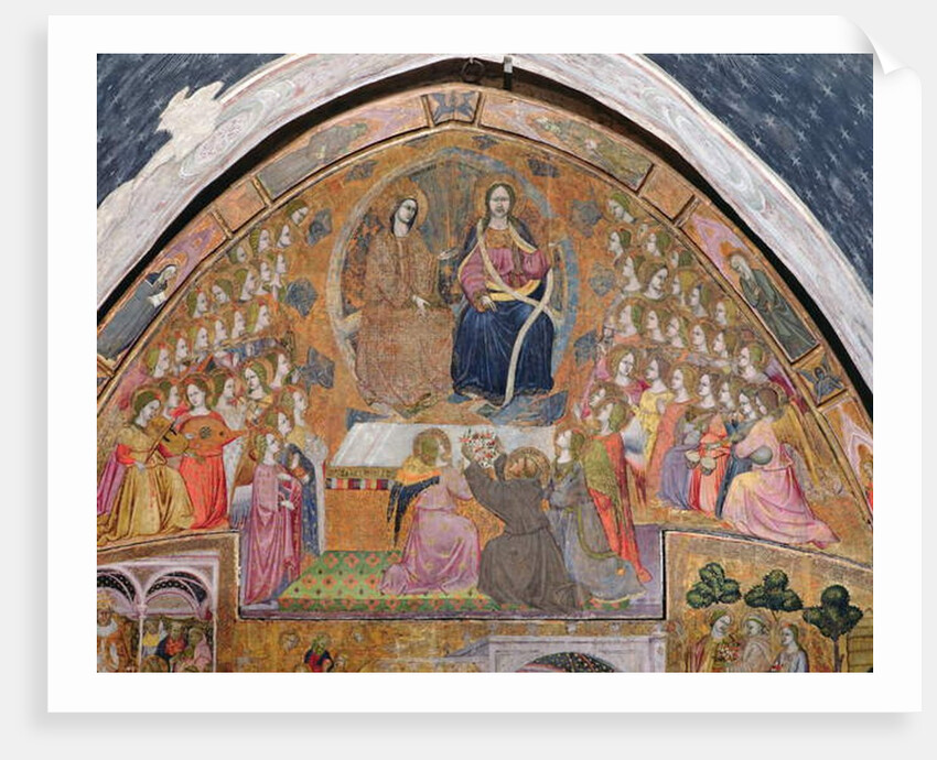 St. Francis offering Roses to the Apparition of Christ and the Virgin, fresco from the Porziuncola, 1393 by Ilario da Viterbo