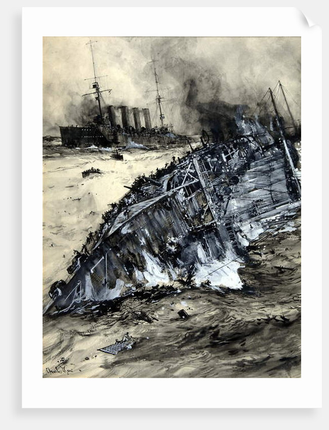 Sinking of the HMS Hogue, Cressy and Aboukir by Charles Edward Dixon