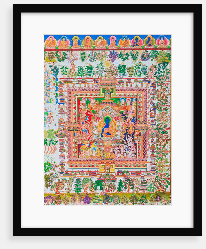 Medicine Buddha Mandala, the centre figure of Bhaisajyaguru represents the supreme healer in monastic robes with a bowl containing medicinal plants by School Nepalese