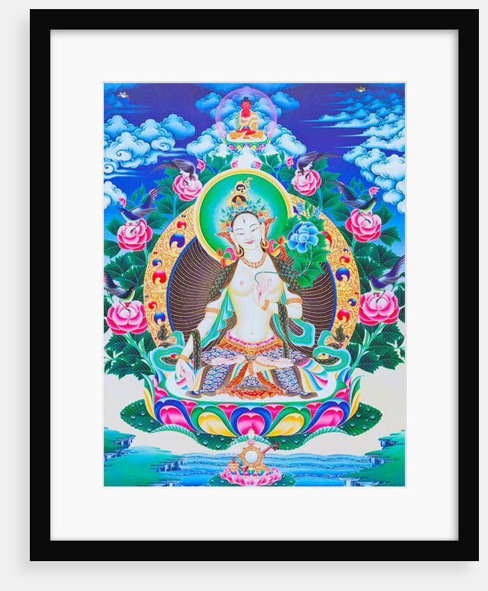 Image depicting the white Tara, the seven eyed divine mother seated on a lotus with her right hand in varada mudra position symbolising generosity by School Nepalese