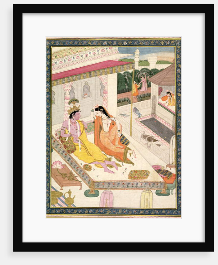 Krishna and Radha on a bed in a Mogul palace, Punjab, c.1860 by Indian School