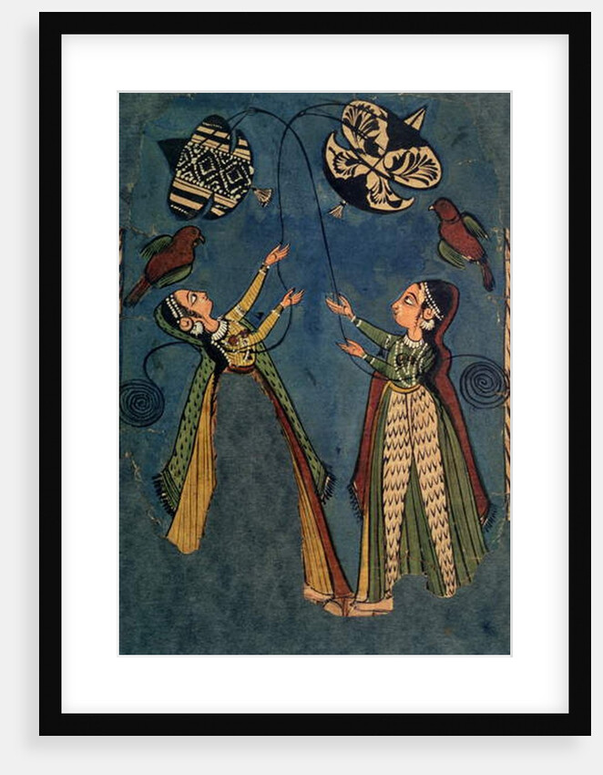 Girls flying kites, Kulu folk painting, Himachal Pradesh by Indian School