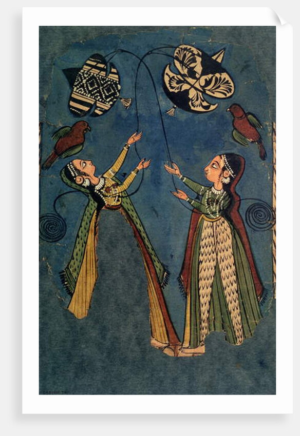 Girls flying kites, Kulu folk painting, Himachal Pradesh by Indian School