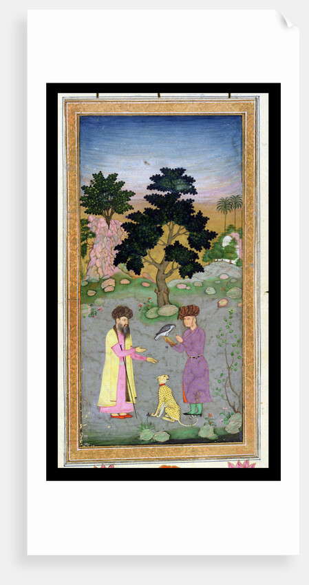 Falconer with companion and pet cheetah by Mughal School