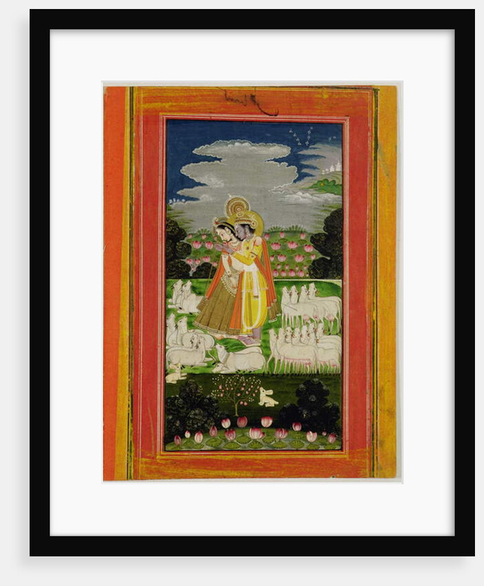 Radha and Krishna embrace in an idealised landscape with cows, c.1780 by Indian School