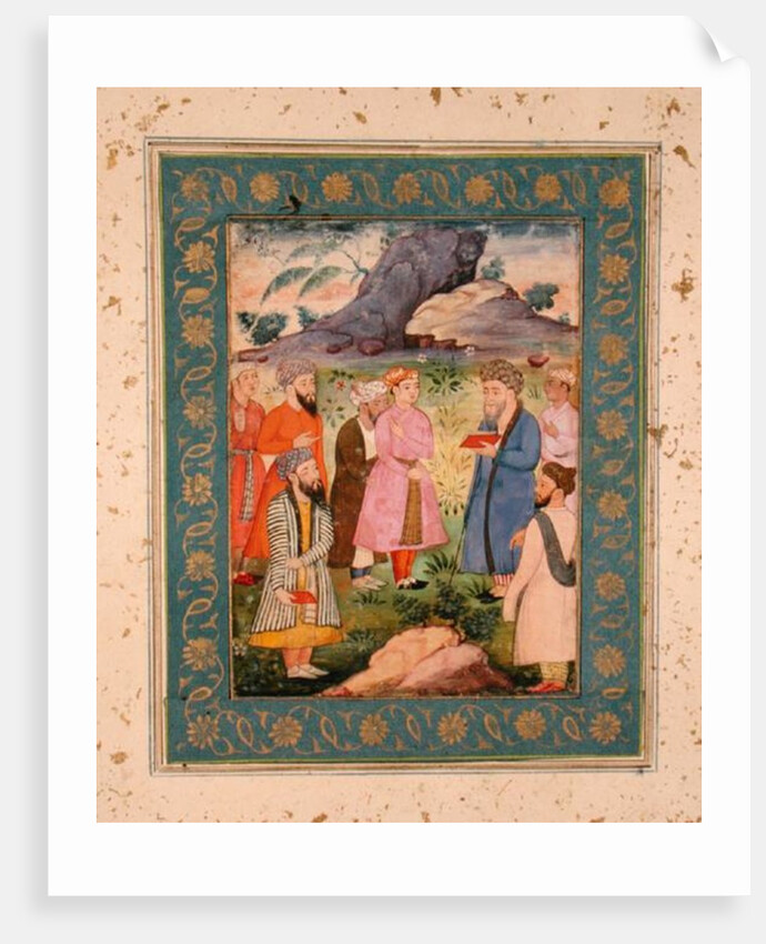 A noble youth with attendants in a landscape by Mughal School