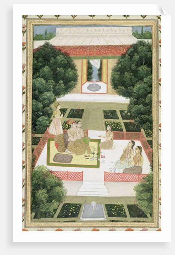 A couple in a garden listening to music with female attendants by Mughal School