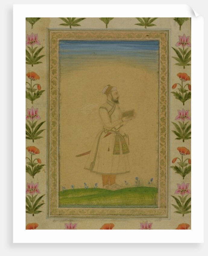 Standing figure of a nobleman, holding a book by Mughal School