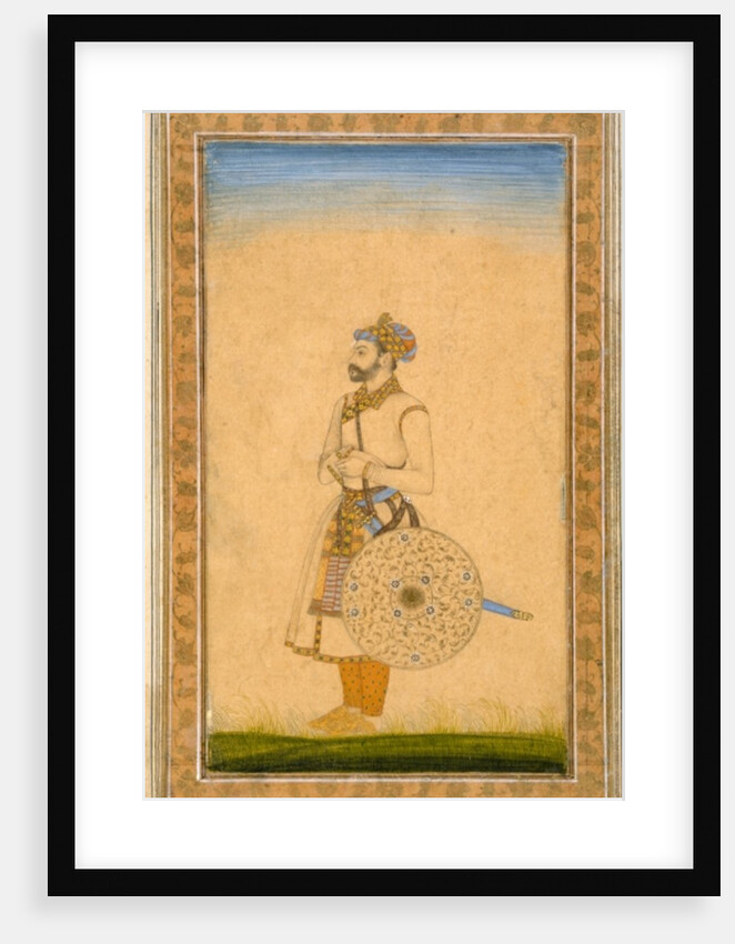 An Officer, standing, with sword and shield by Mughal School