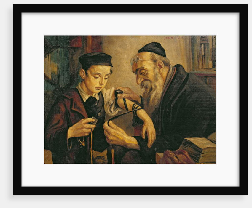 A Rabbi tying the Phylacteries to the arm of a boy by Franz Obermüller