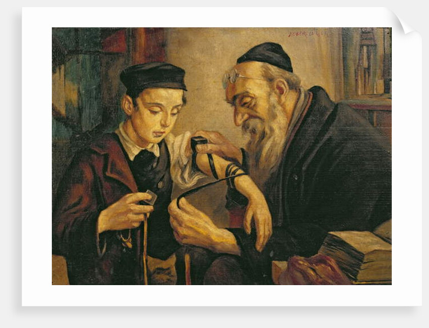 A Rabbi tying the Phylacteries to the arm of a boy by Franz Obermüller