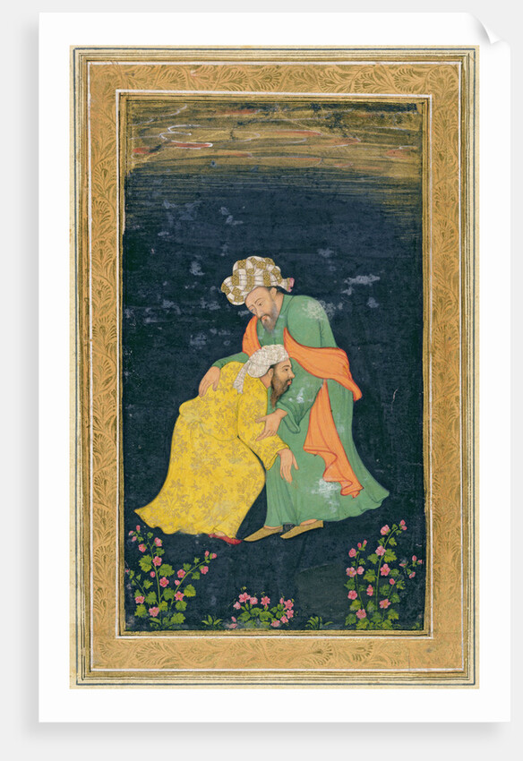 A Mullah bowing down to a man in Iranian dress who lifts him up from his supplication by School Mughal
