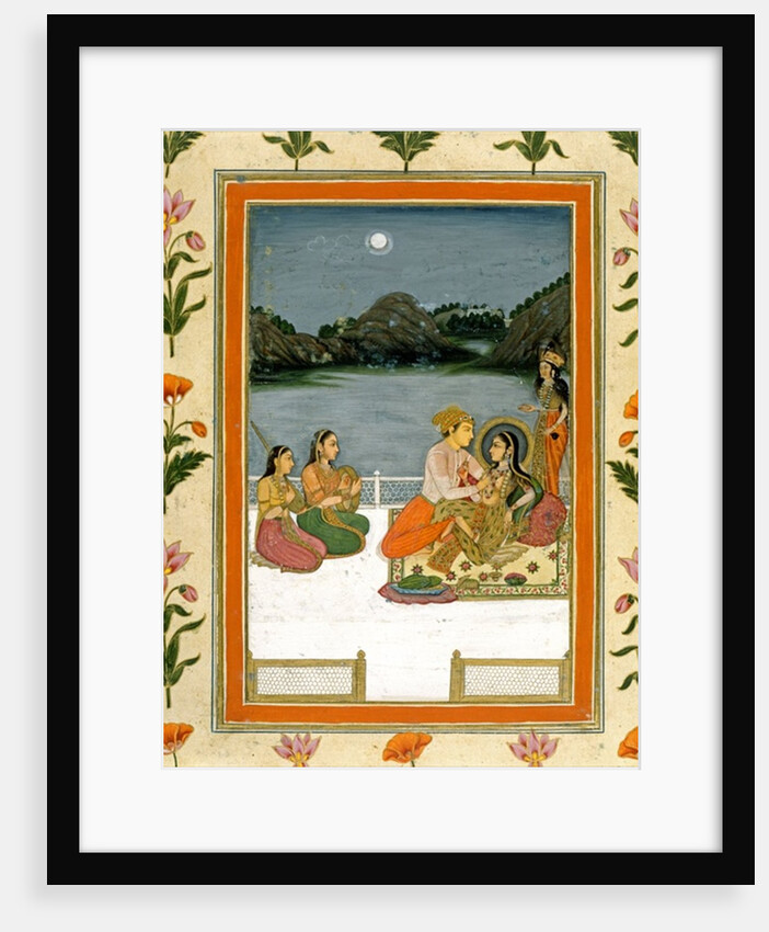 Lovers on a terrace by a moonlit lake by School Mughal