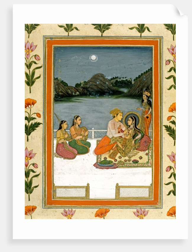 Lovers on a terrace by a moonlit lake by School Mughal
