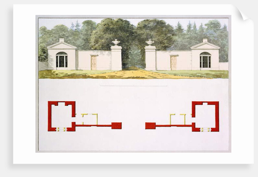 Elevation and ground plans of proposed new entrance gateway and lodges by Humphry Repton