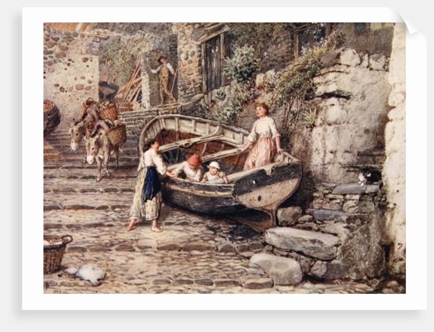 View of Clovelly, with stranded boat and figures, 1882 by Myles Birket Foster