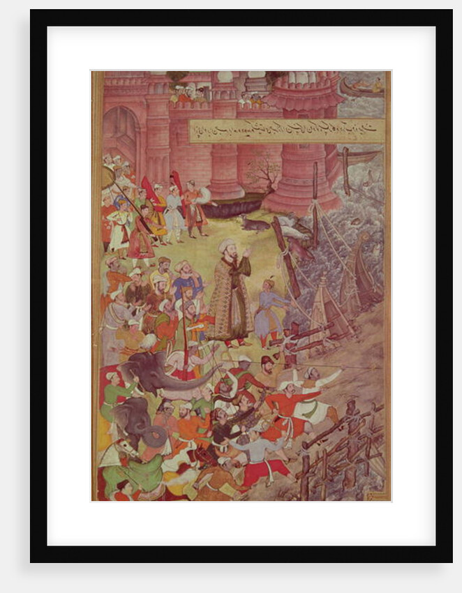 A Bridge of boats broken by Akbar on his elephant while crossing the river Jumna by Mughal School