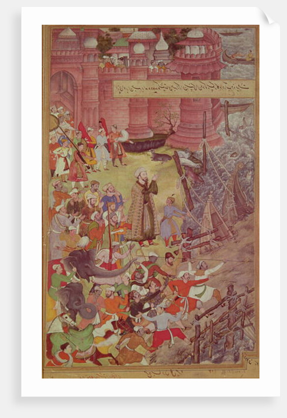 A Bridge of boats broken by Akbar on his elephant while crossing the river Jumna by Mughal School