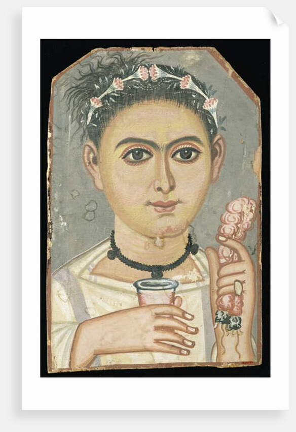 Portrait of a Young Person: boy with a floral garland in his hair, possibly from Er-Rubiyat, Faiyum, Egypt, c.200-230 by Roman