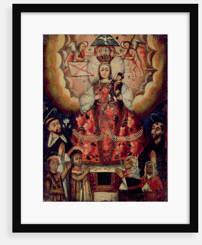Madonna with Christ Child, St. Dominic, St. Francis and Native American Worshippers by Bolivian School