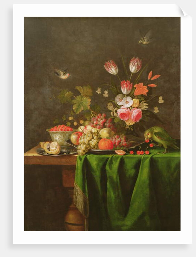 Still Life of Fruit and Flowers with a Parrot on a Table covered with a Green Cloth by Jan Davidsz. de Heem