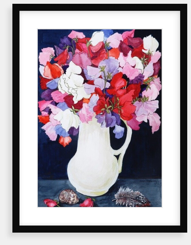 Sweet Peas in a White Jug with Shell and Feather, 2011 by Joan Thewsey