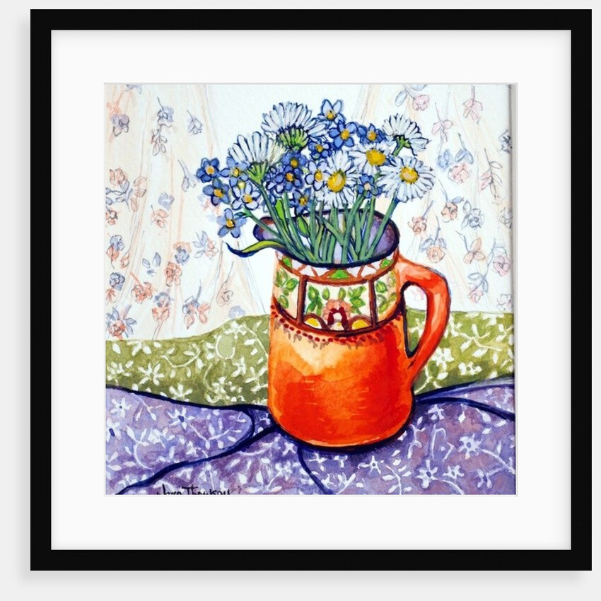 Daisies and Forget-Me-Nots Orange Jug and Patterned Fabric, 2015 by Joan Thewsey