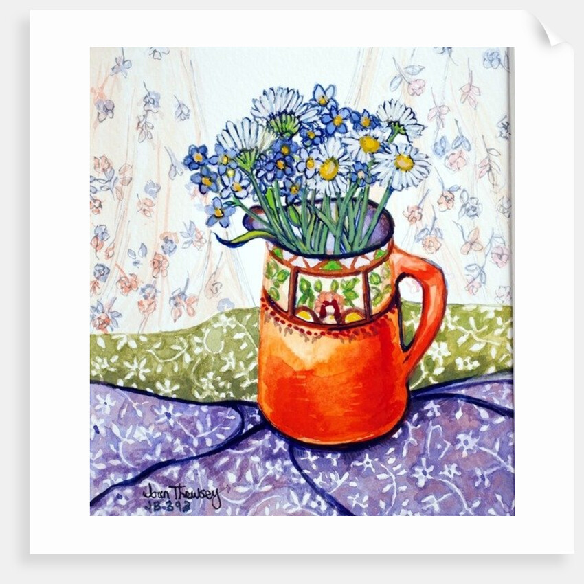 Daisies and Forget-Me-Nots Orange Jug and Patterned Fabric, 2015 by Joan Thewsey
