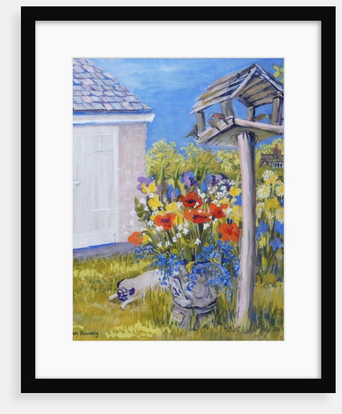 Cottage Garden with Birdhouse and Pug, 2011 by Joan Thewsey