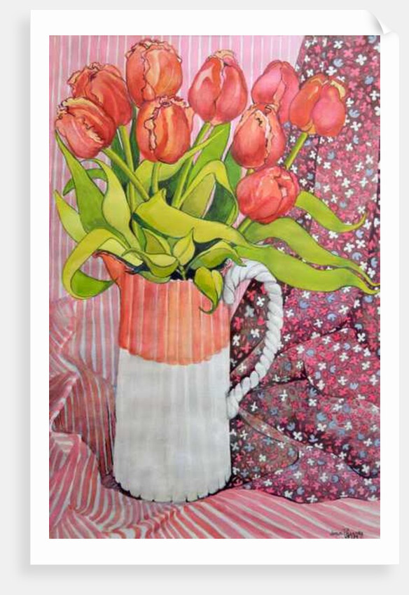 Tulips in a Pink and White Jug, 2005 by Joan Thewsey