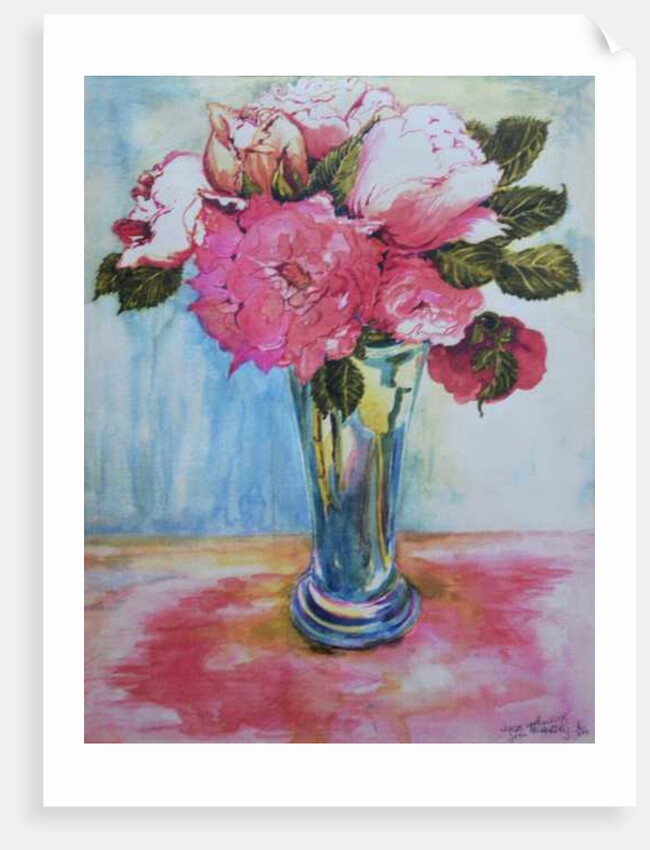 Pink Roses in a Blue Glass, 2000 by Joan Thewsey