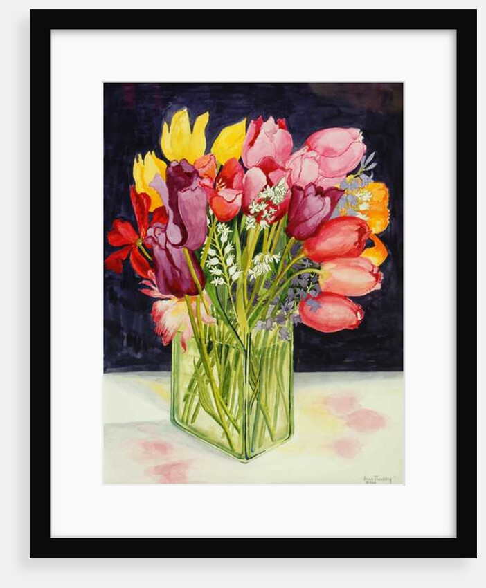 Tulips and Bluebells in a Rectangular Glass Tub, 2001 by Joan Thewsey