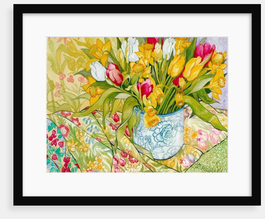 Tulips and Daffodils with Patterned Textiles, 2000 by Joan Thewsey