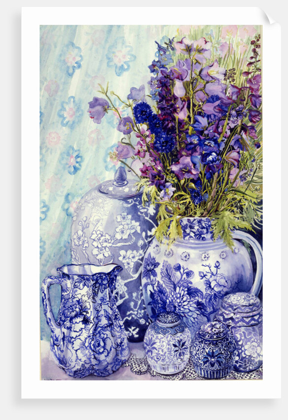 Delphiniums with Antique Blue Pots, 2000 by Joan Thewsey