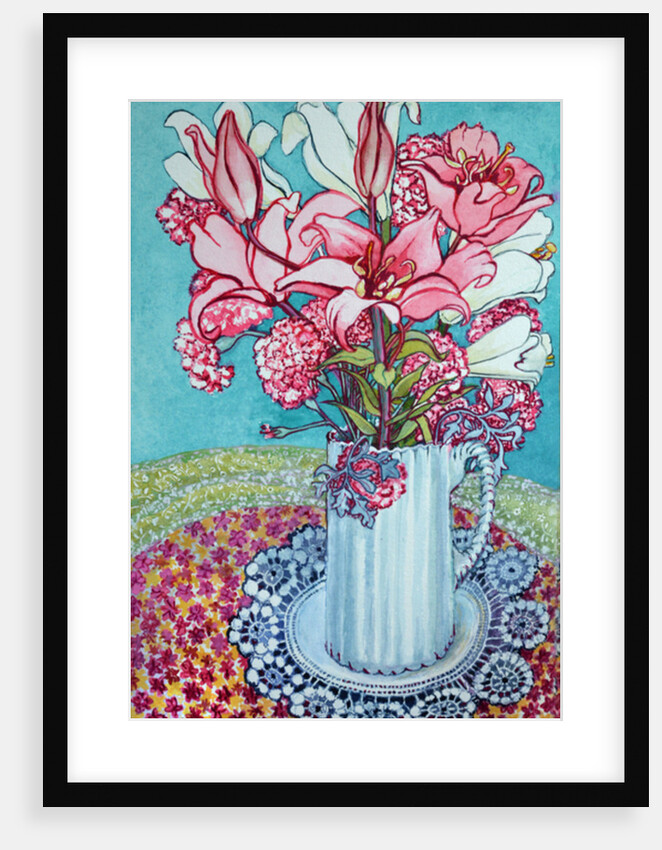 Pink Lilies in a Jug, with Lace, 2000 by Joan Thewsey