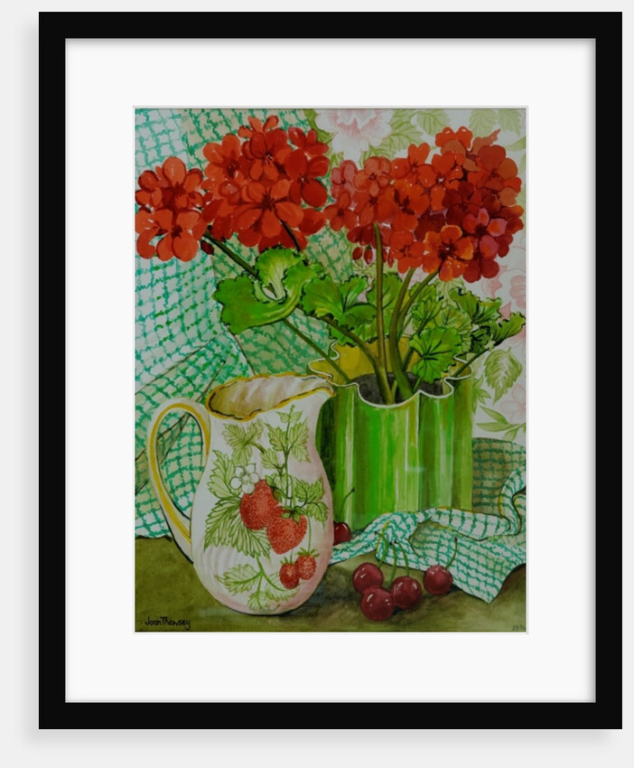Red geranium with the strawberry jug and cherries by Joan Thewsey