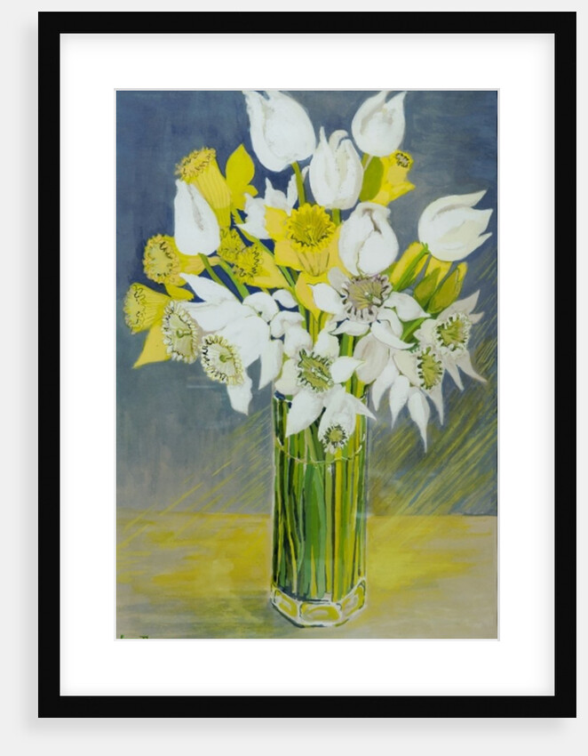 Daffodils and white tulips in an octagonal glass vase by Joan Thewsey