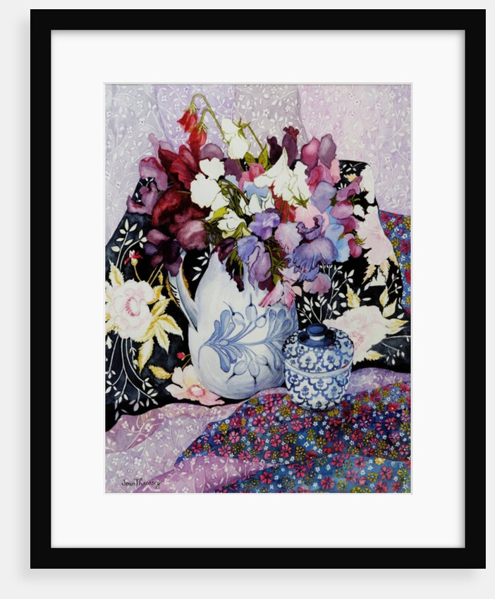 Sweet peas in a blue and white jug with blue and white pot and textiles by Joan Thewsey