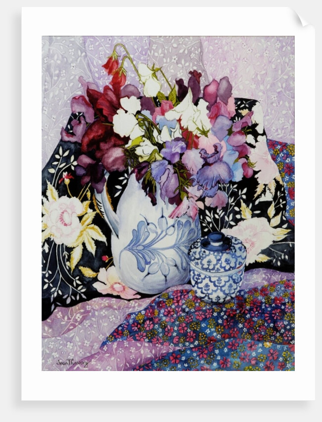 Sweet peas in a blue and white jug with blue and white pot and textiles by Joan Thewsey