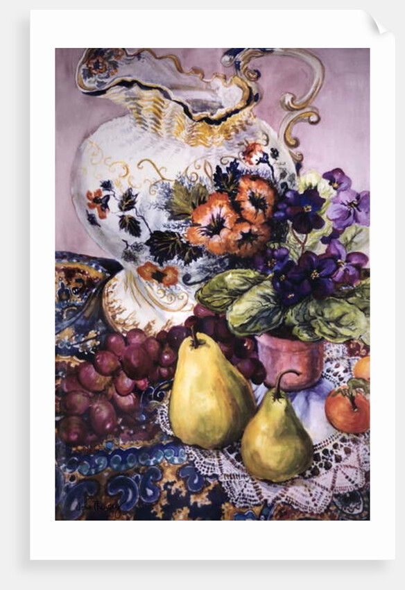 African Violets with Victorian Jug and Pears by Joan Thewsey