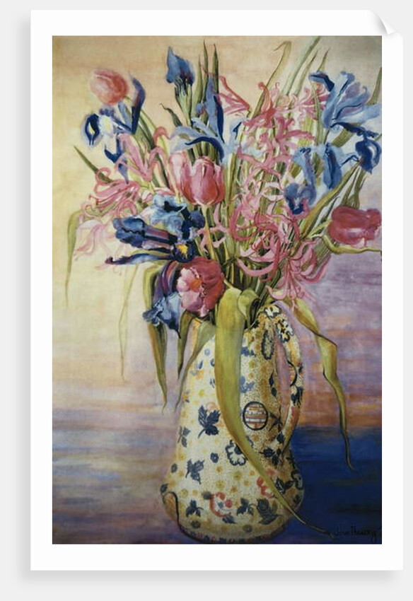 Iris, Tulips and Pink Spider Lilies in a Japanese Jug by Joan Thewsey