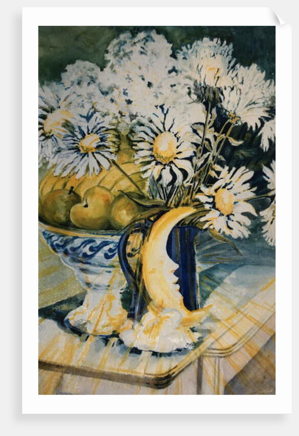Marguerites in a Blue Jug with a Moon Lamp by Joan Thewsey