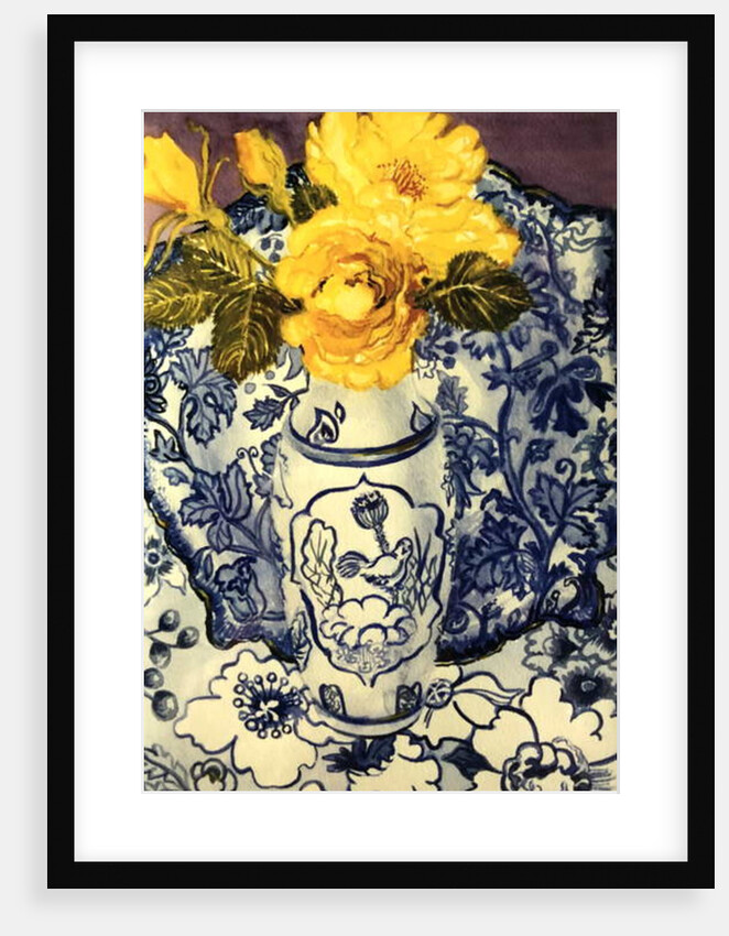 Yellow Roses in a Blue and White Vase with Patterned Blue and White Textiles by Joan Thewsey