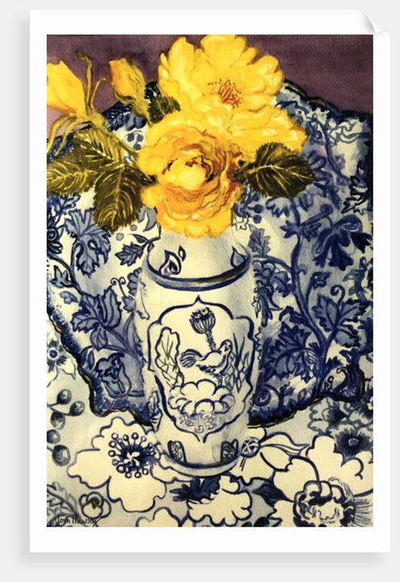 Yellow Roses in a Blue and White Vase with Patterned Blue and White Textiles by Joan Thewsey