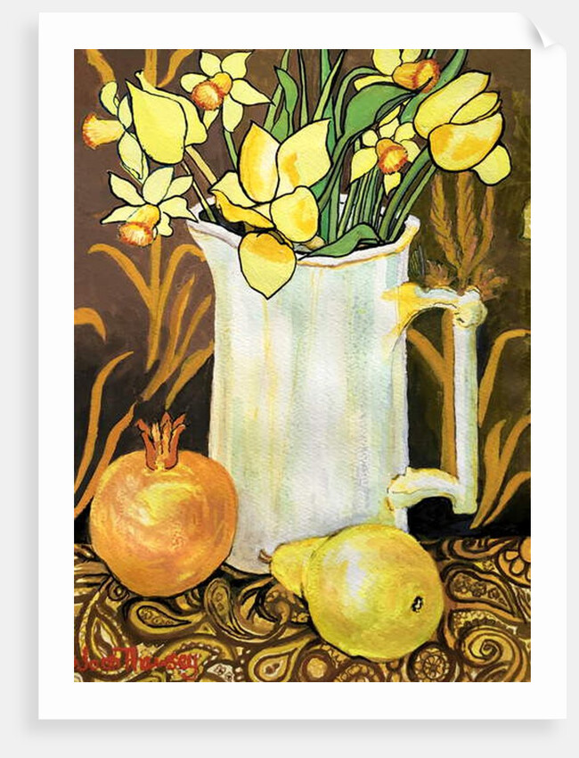 Tulips and Daffodils in a White Jug, with textiles, pomegranate and pear by Joan Thewsey